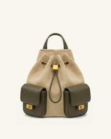 Avery Faux Suede Drawstring Utility Backpack – Beige & Olive