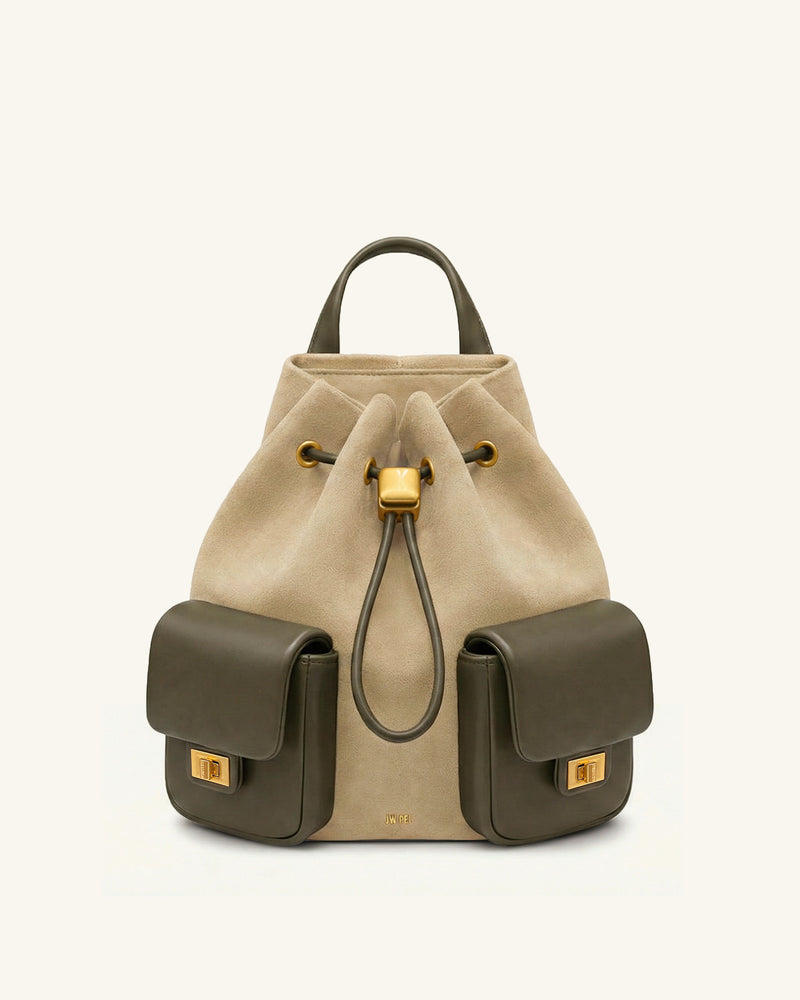 Avery Faux Suede Drawstring Utility Backpack – Beige & Olive