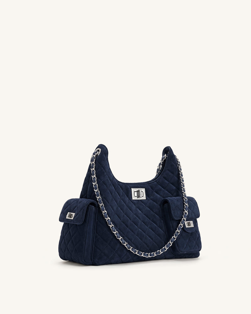 Vivian Faux Suede Quilted Chain Shoulder Bag - Navy Blue