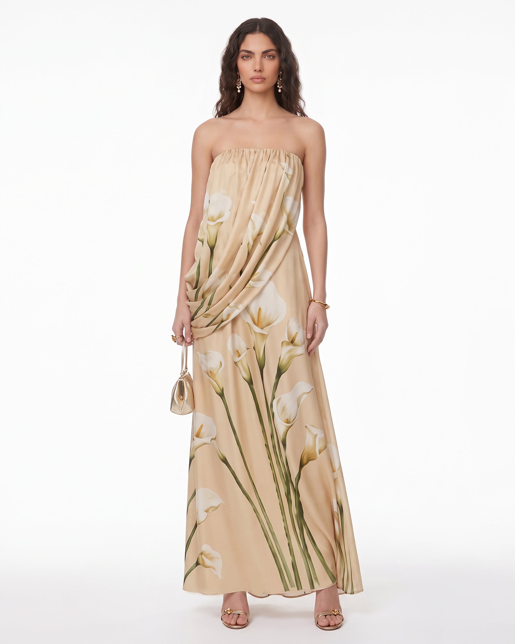 Calla Lily Draped Strapless Maxi Dress - Champagne