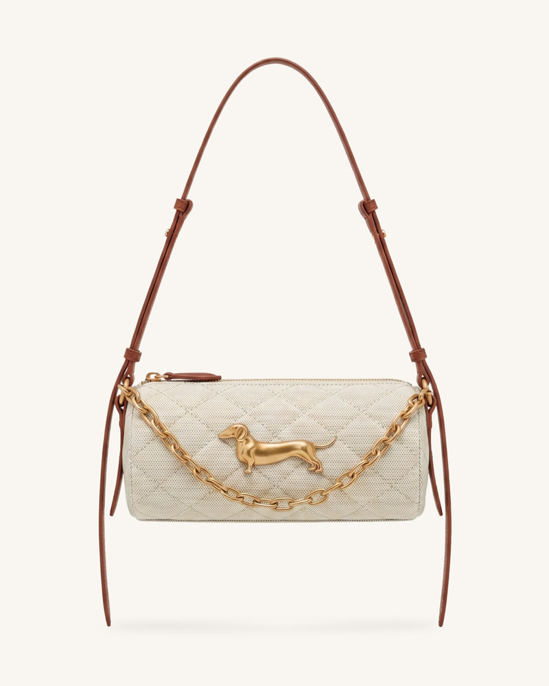 Lucienne Dachshund Quilted Chain Shoulder Bag - Brown Canvas