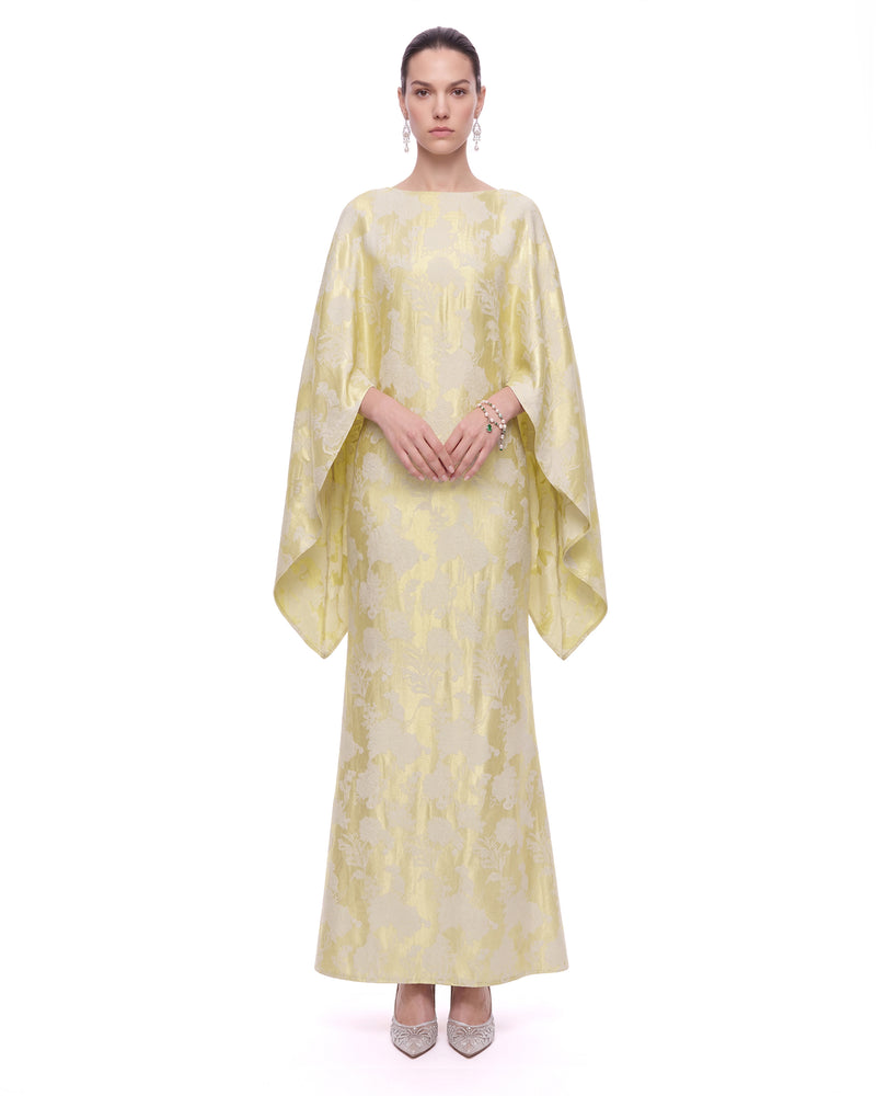 Floral Jacquard Cape Maxi Dress - Gold & Green