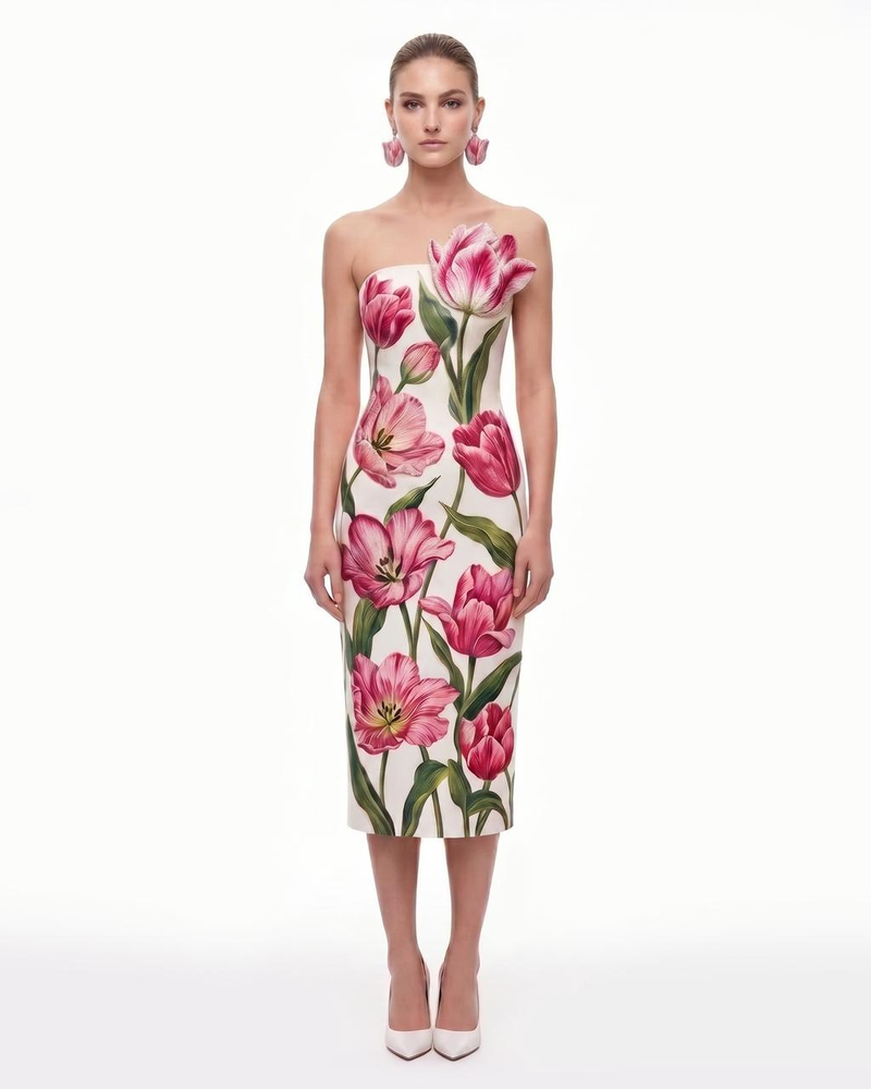 Tulip Floral Strapless Column Midi Dress - Ivory