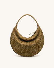 Nola Faux Suede Woven Crescent Shoulder Bag - Olive Green