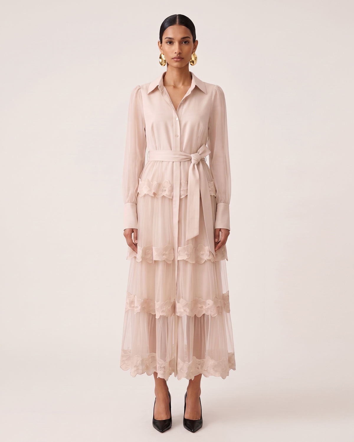 Orchid Embellished Tiered Belted Long-Sleeve Shirt Dress - Pink