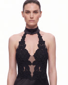 Floral Lace Halter Plunge-Neck Satin Maxi Dress - Black
