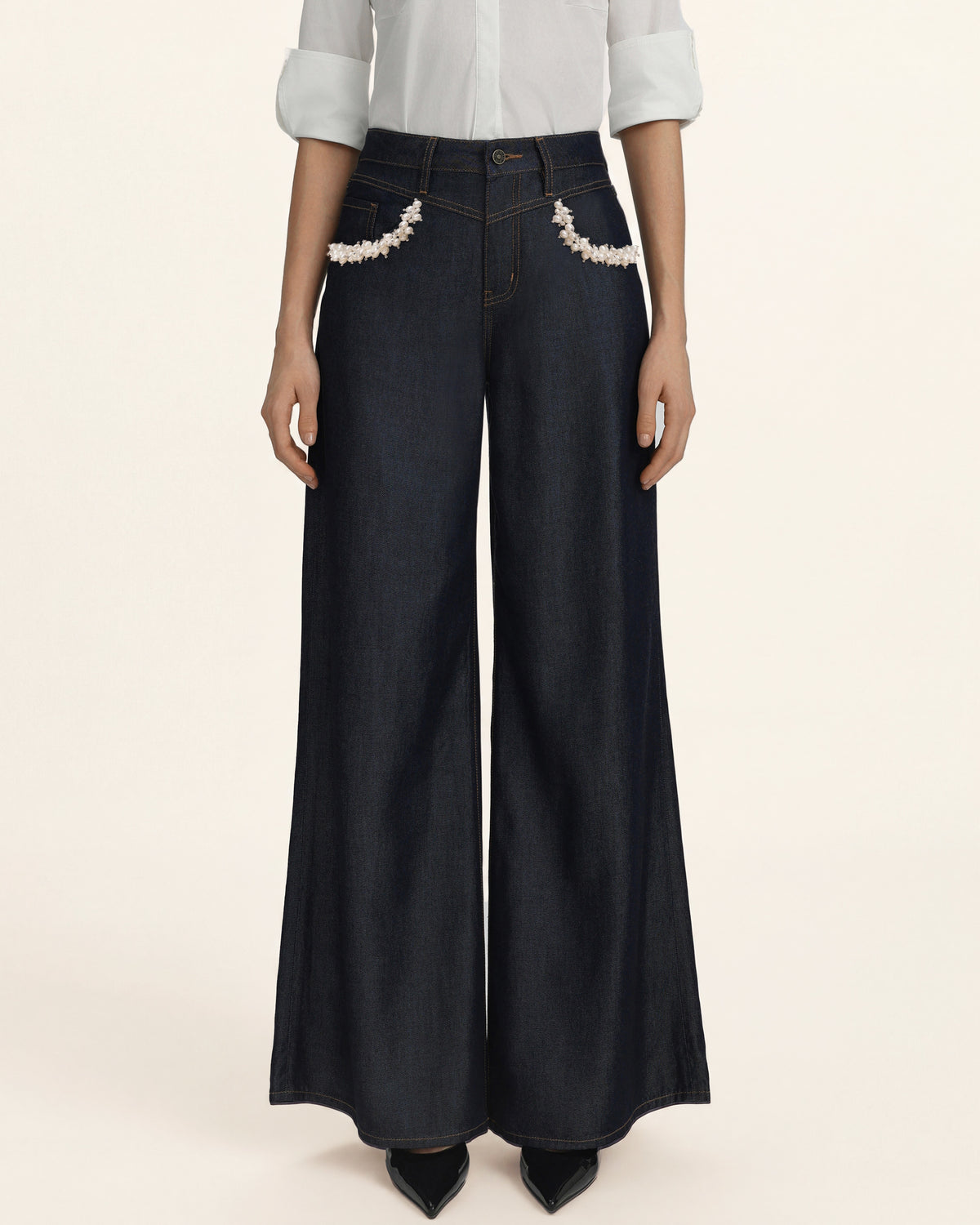 Pearl Trim Pocket Wide Leg Jeans - Deep Thoughts Only