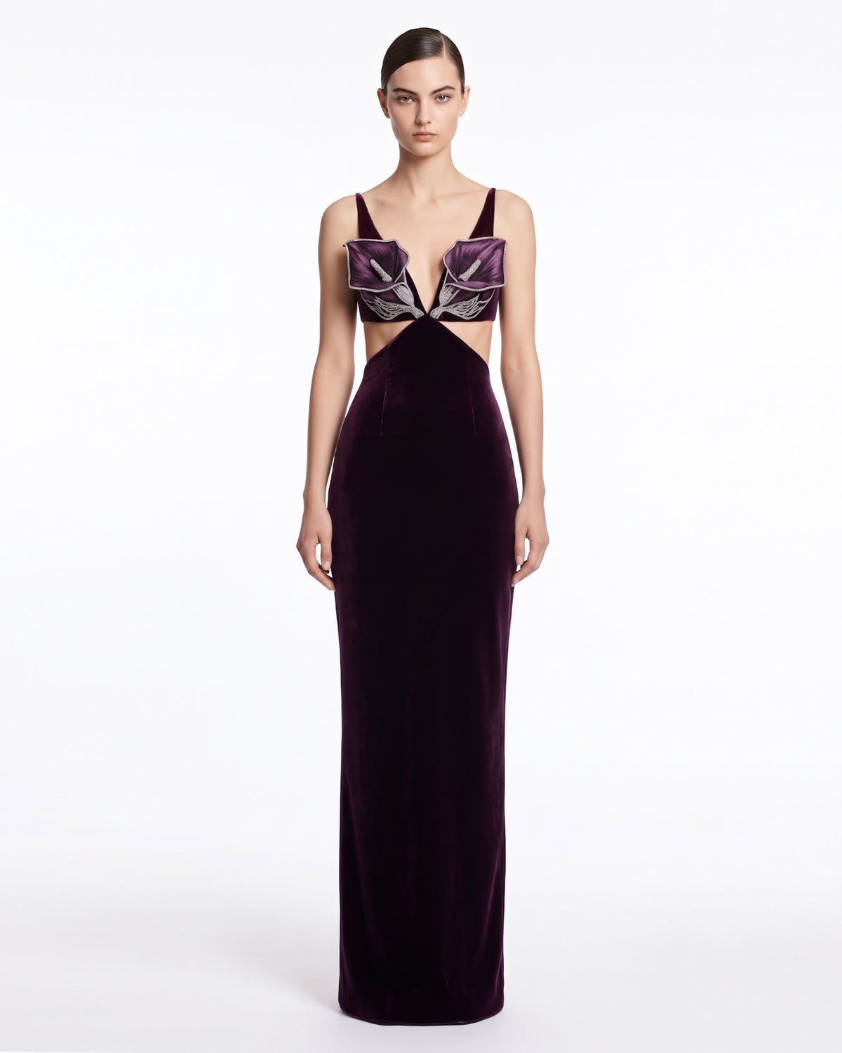 3D Floral Cutout Velvet Maxi Dress - Dark Purple