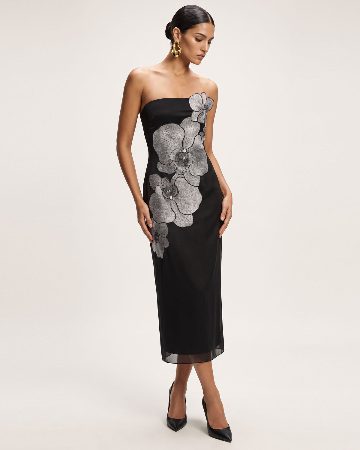 Orchid Embroidered Strapless Column Midi Dress - Black