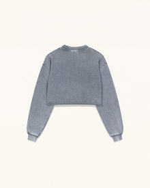 Rhinestone Rose Frayed Hem Cropped Pullover - Vintage Slate