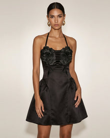 Flower Embroidered Halter Mini Dress - Black