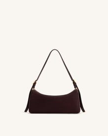 Elowen Faux Suede East-West Shoulder Bag - Dark Brown
