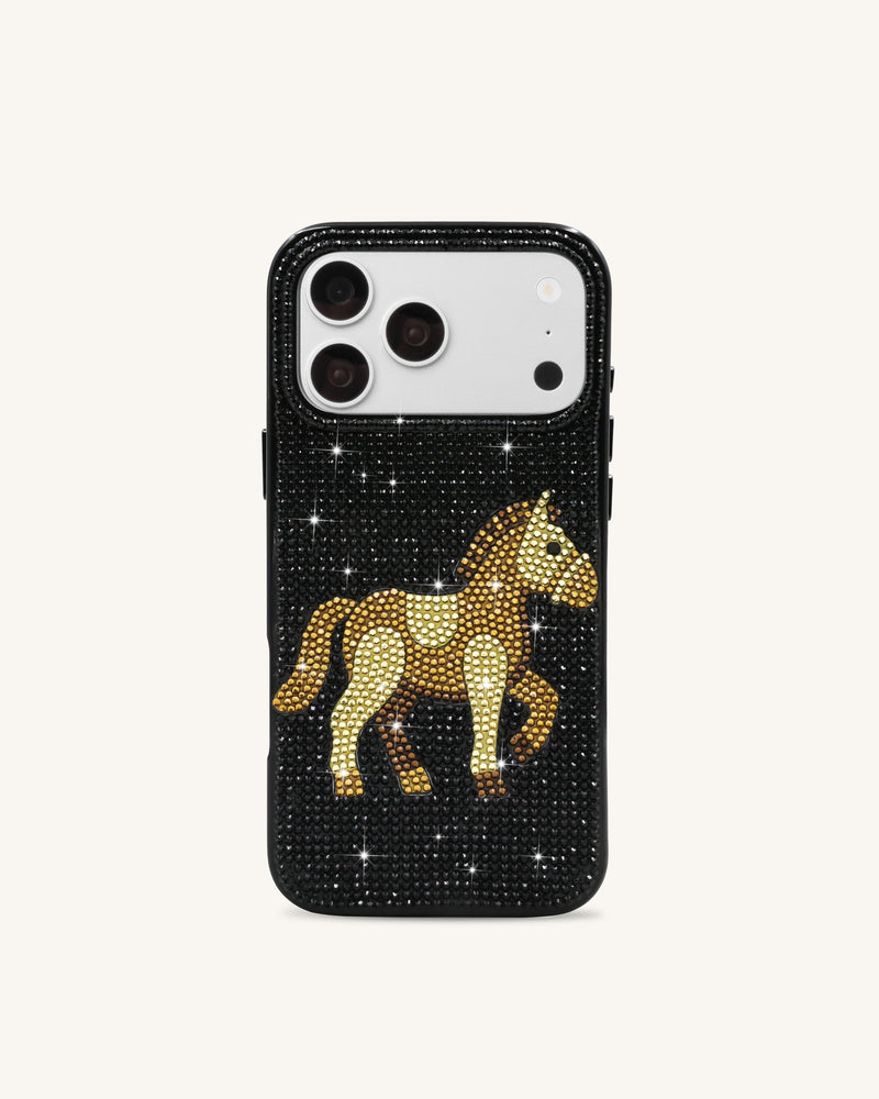 Golden Horse Artificial Crystal Phone Case - Black