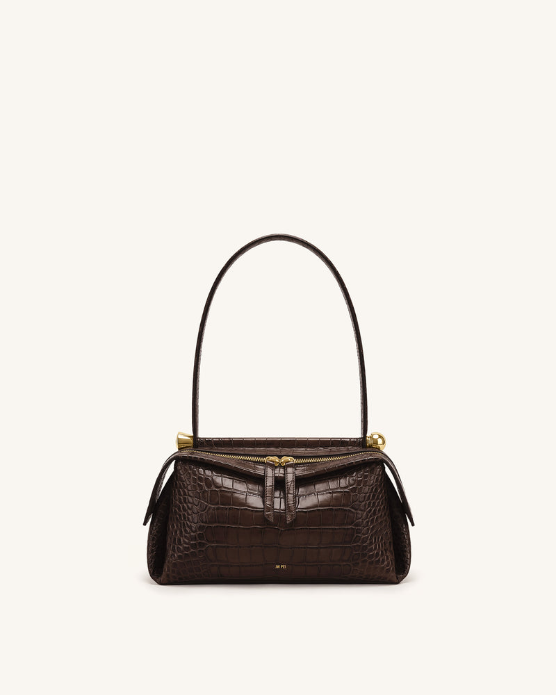 Naomi Double-Zip Shoulder Bag - Brown Croc