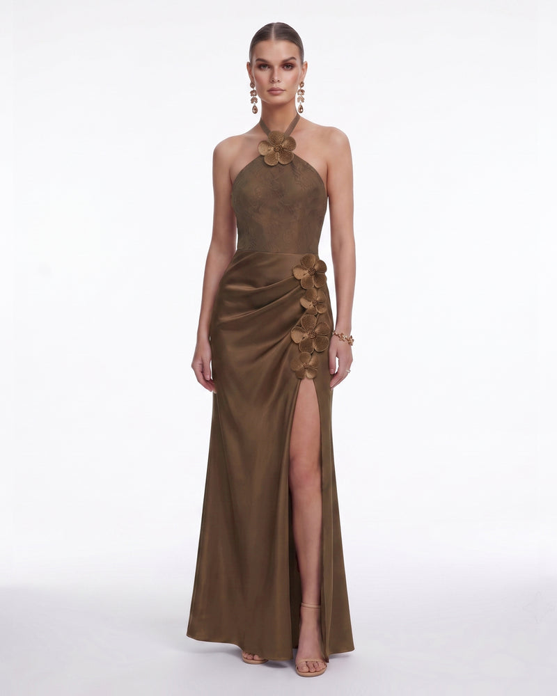 Floral Appliqué Halter Slit Satin Maxi Dress - Brown