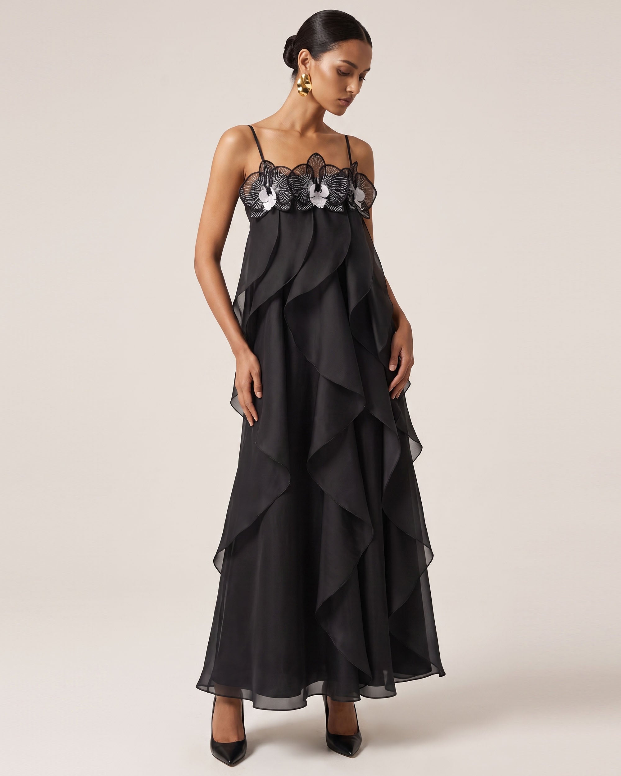 Orchid Embroidered Organza Maxi Dress - Black
