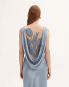 Tulip Appliqué Cowl-Back Satin Column Maxi Dress - Ice Blue