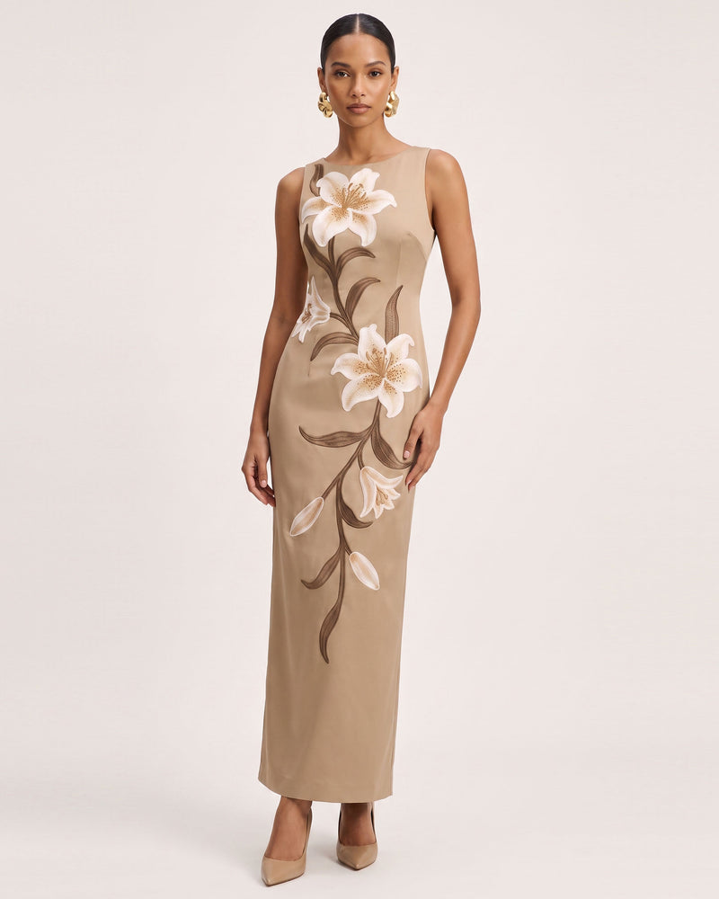 Lily Floral Print Sleeveless Column Maxi Dress - Mocha Brown