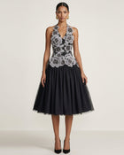 Floral Embroidered Fit-and-Flare Midi Dress - Black