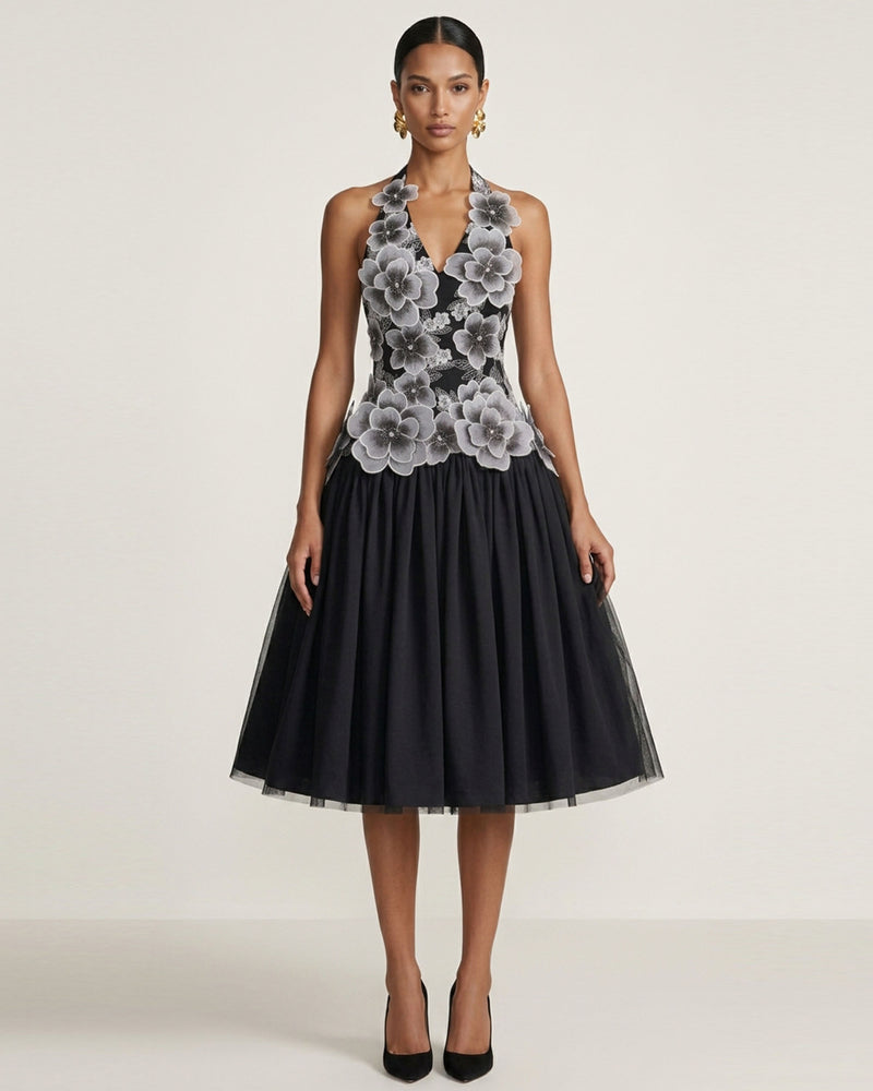 Floral Embroidered Fit-and-Flare Midi Dress - Black