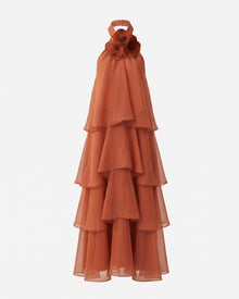Poppy Embroidered Halter Tiered Ruffle Maxi Dress - Burnt Orange