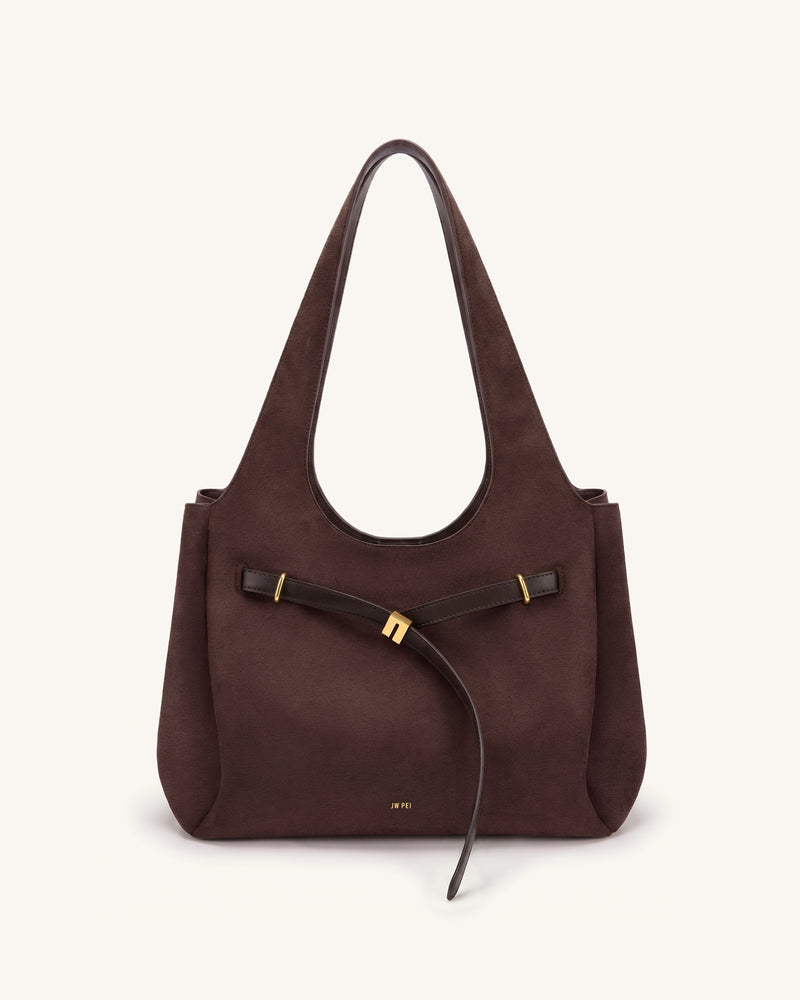Hana Faux Suede Belt Detail Tote Bag - Dark Brown