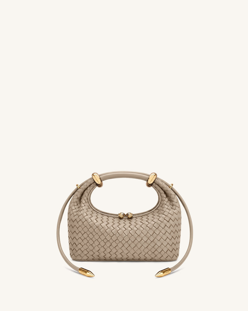Ellie Woven Metal Ring Embellished Top Handle Bag - Khaki