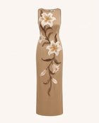 Lily Floral Print Sleeveless Column Maxi Dress - Mocha Brown