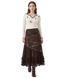 Asymmetric Ruffled Chiffon Boho Maxi Skirt - Deep Mocha