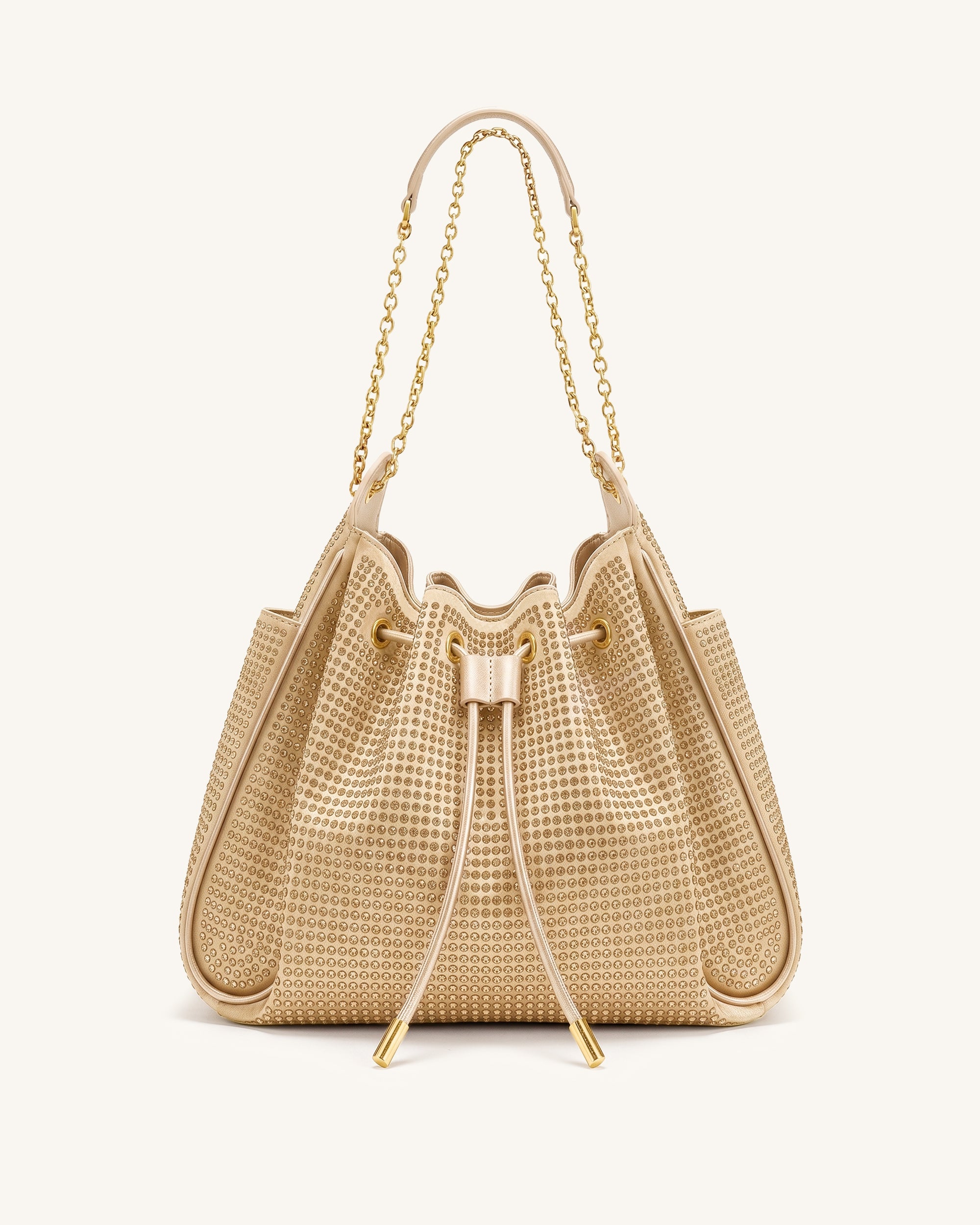 Rowan Artificial Crystal Ruched Drawstring Chain Bucket Bag - Champagne Gold