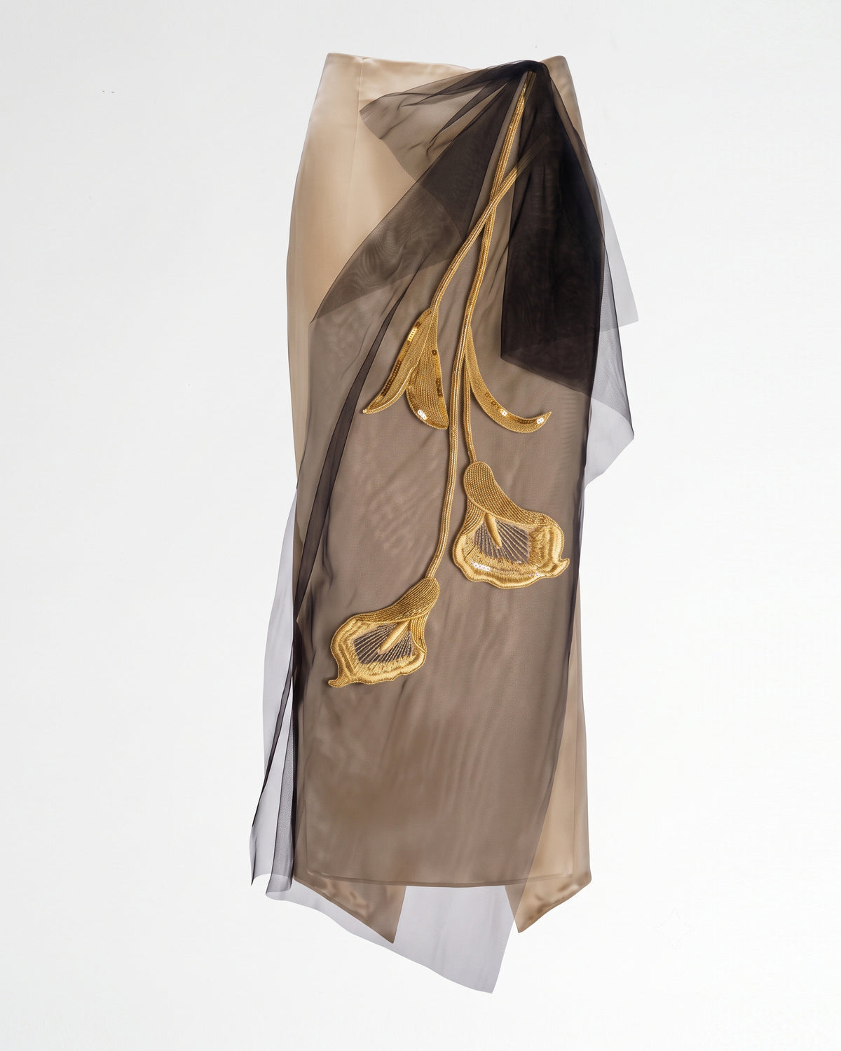 Gold Embroidered Tulle Overlay Satin Skirt - Champagne