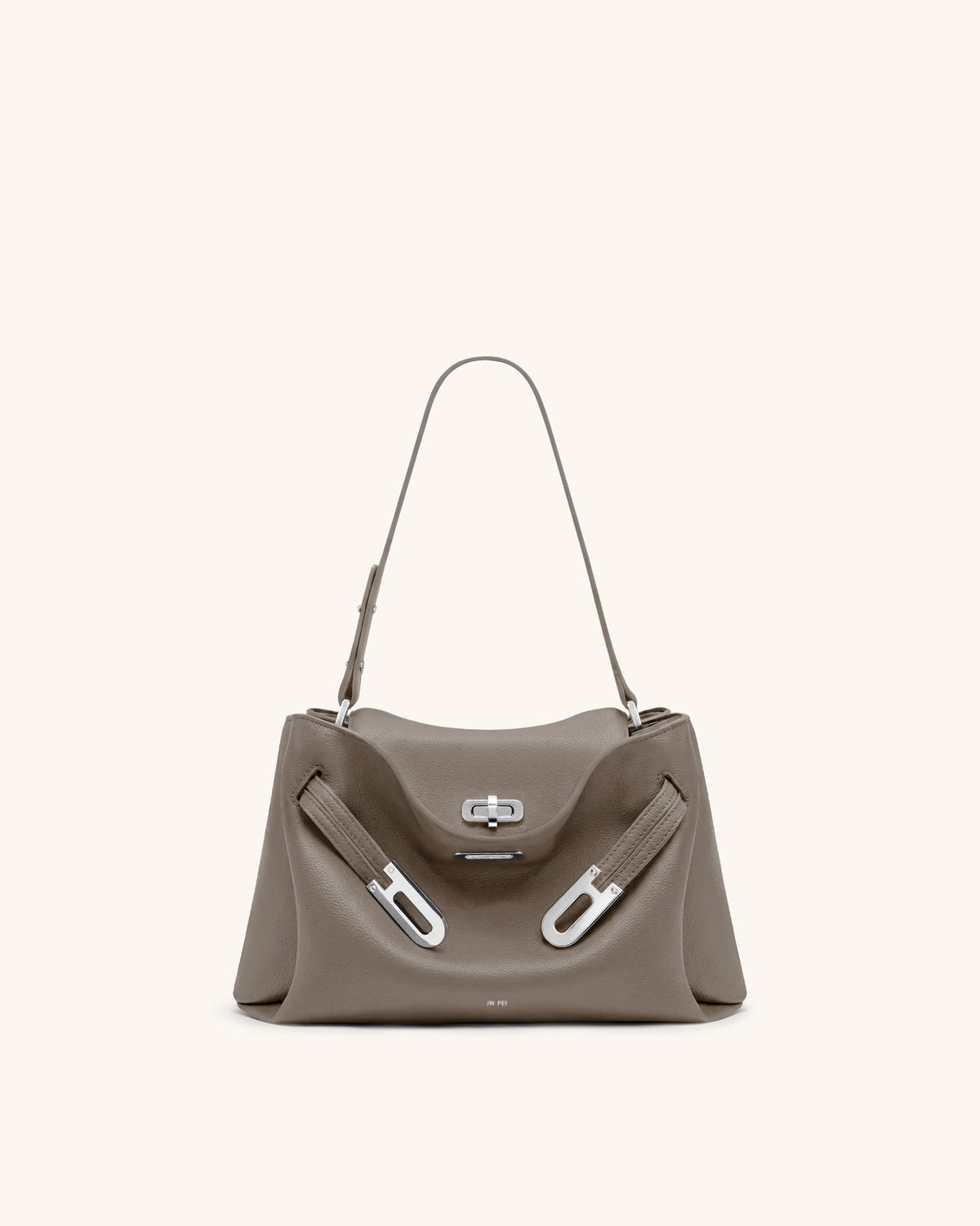 Rhea Pebbled Double Buckle Shoulder Bag - Khaki Gray