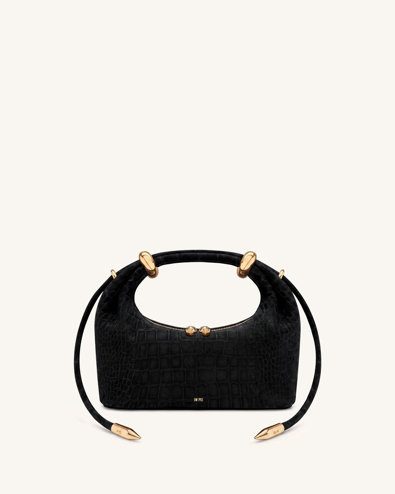 Ellie Faux Suede Metal Ring Embellished Top Handle Bag - Black Croc