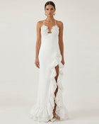 Flower Embroidered Ruffle Maxi Dress - White