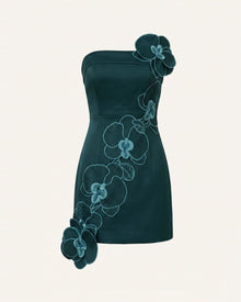 Orchid Embroidered Floral Appliqué Strapless Mini Dress - Dark Green