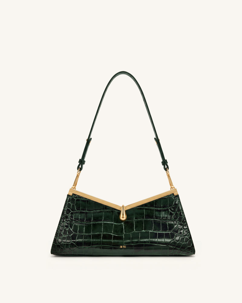 Nerina V-Frame Shoulder Bag - Dark Green Croc