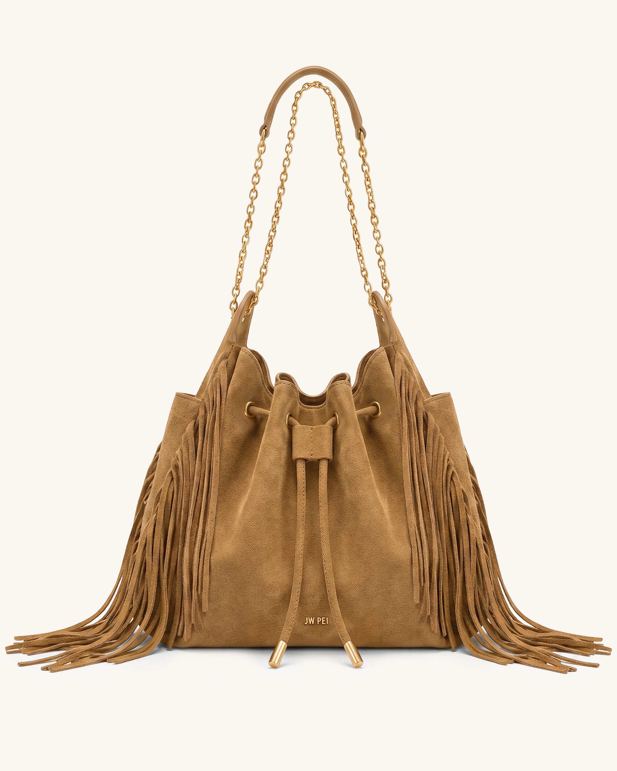 Rowan Faux Suede Tassel Ruched Drawstring Chain Bucket Bag - Dark Brown