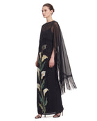 Calla Lily Printed Fringe Sheer Cape Maxi Dress - Black