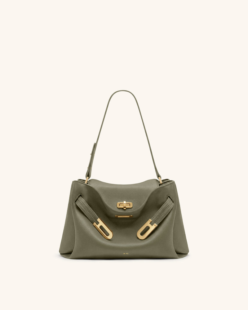 Rhea Pebbled Double Buckle Shoulder Bag - Light Green