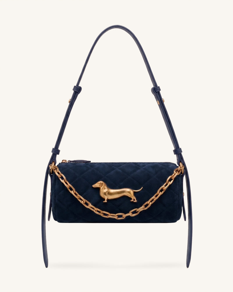 Lucienne Faux Suede Dachshund Quilted Chain Shoulder Bag - Dark Blue