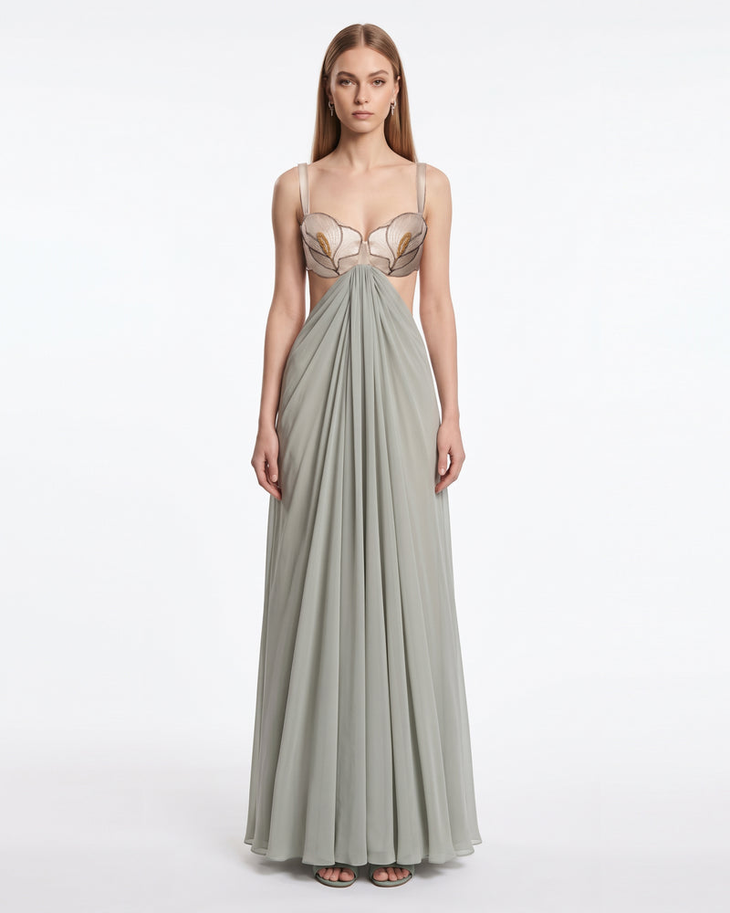 3D Floral Cutout Draped Maxi Dress - Sage Green