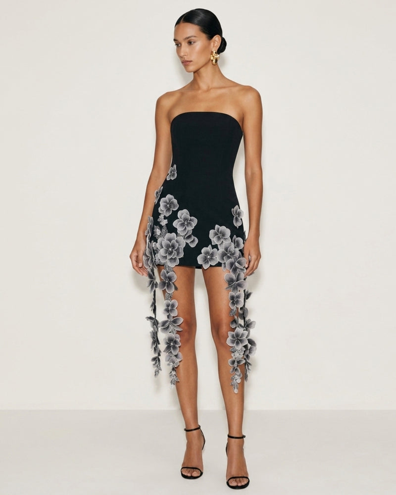 Floral Embroidered Cascade Mini Dress - Black