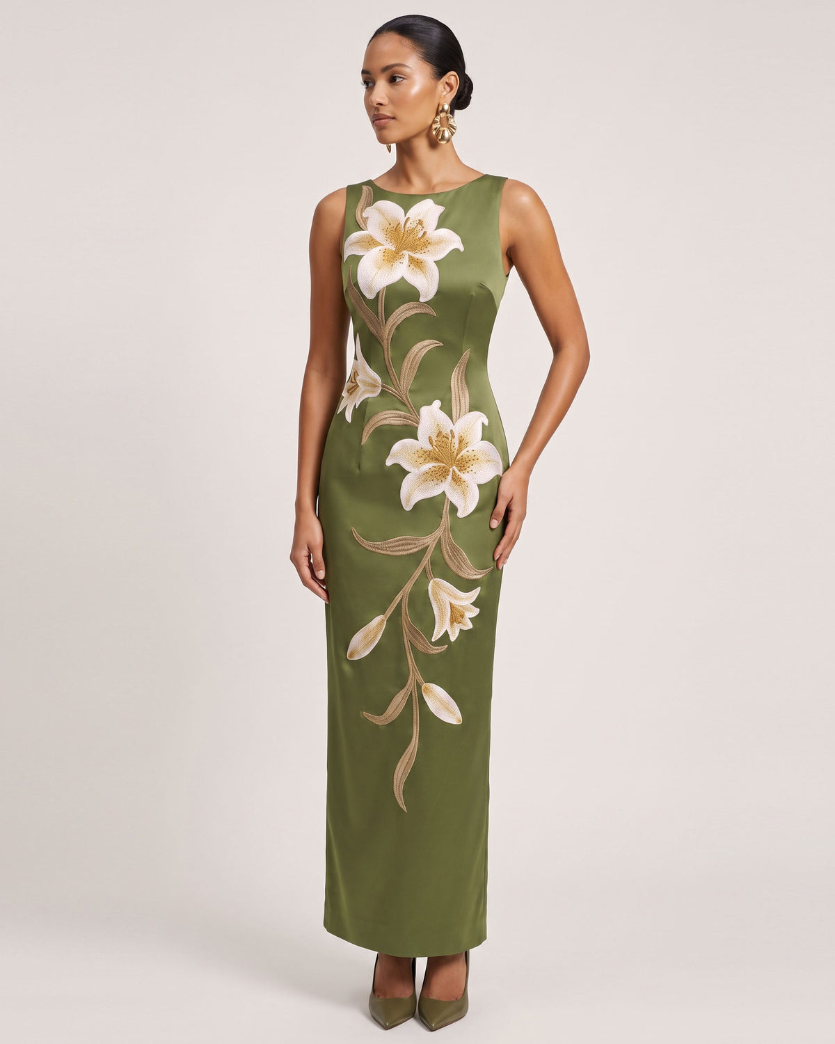Lily Floral Print Sleeveless Column Maxi Dress - Yellowish Green