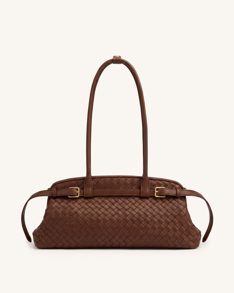 Arden Woven Belt Detail East-West Shoulder Bag - Chocolate Brown