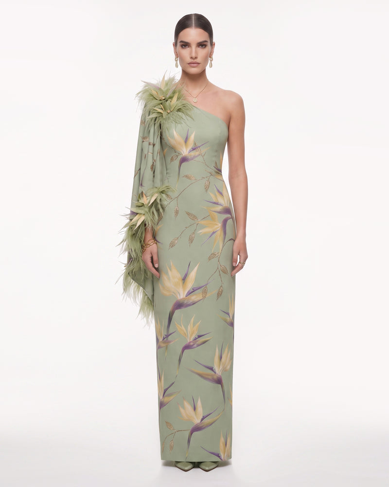 Bird of Paradise Feather-Trim One-Shoulder Maxi Dress - Green