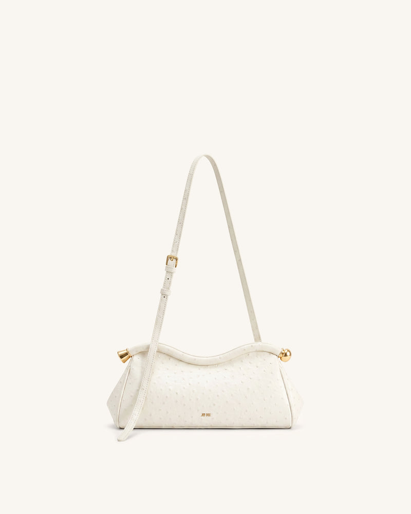 Naomi Faux Ostrich Grain Curved Shoulder Bag - White
