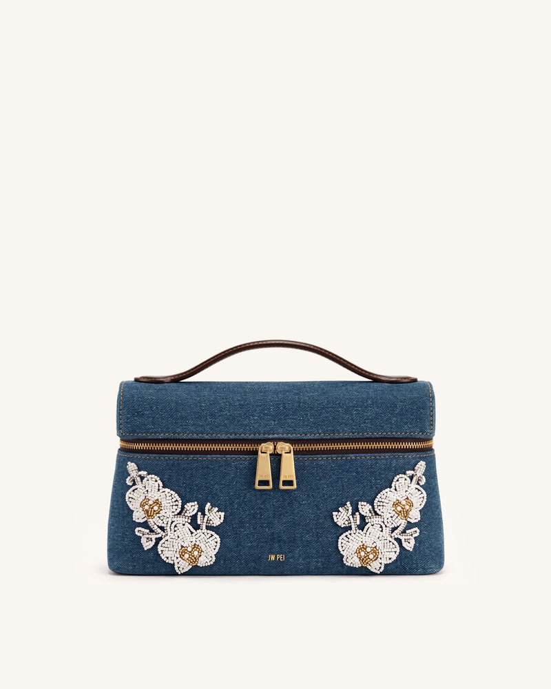 Thea Beaded Floral Top Handle Bag - Dark Blue Denim