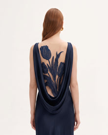 Tulip Appliqué Cowl-Back Satin Column Maxi Dress - Navy Blue