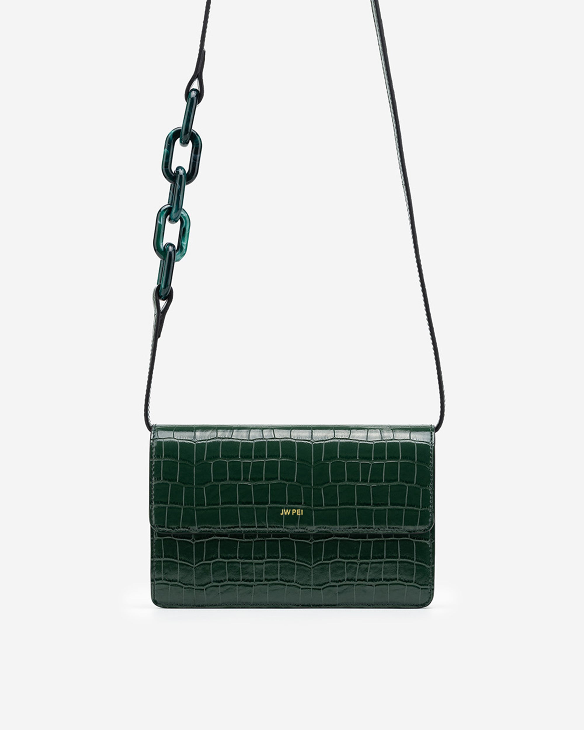 Julia Acrylic Chain Crossbody Bag - Dark Green Croc