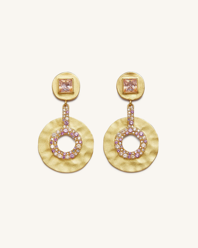 Geometrical Openwork Small Round Earrings - 18ct Gold Plated & Morganite & Red Corundum & Multicolor Zircon